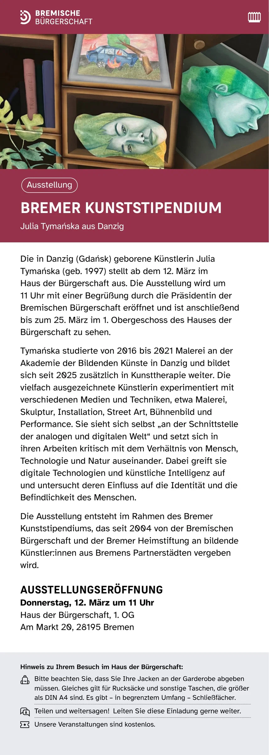 Oficjalne zaproszenie na wystawę Bremer Kunststipendium