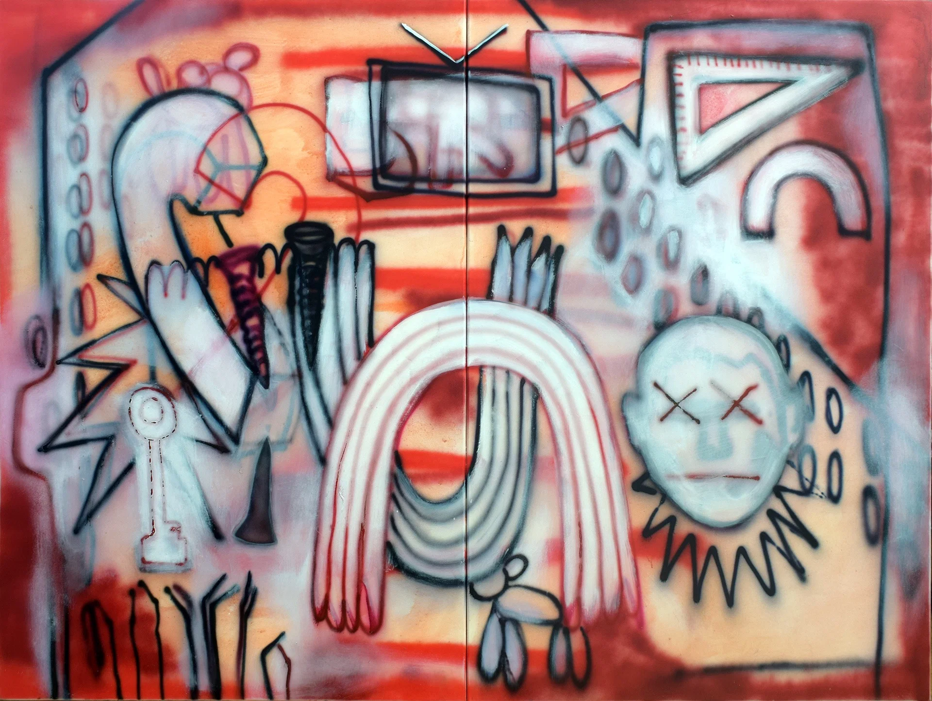 Inżynier, dyptyk, 2&nbsp;×&nbsp;100&nbsp;×&nbsp;150&nbsp;cm (całość 200&nbsp;×&nbsp;150&nbsp;cm), farba olejno-ftalowa i&nbsp;tusz na&nbsp;płótnie, 2021