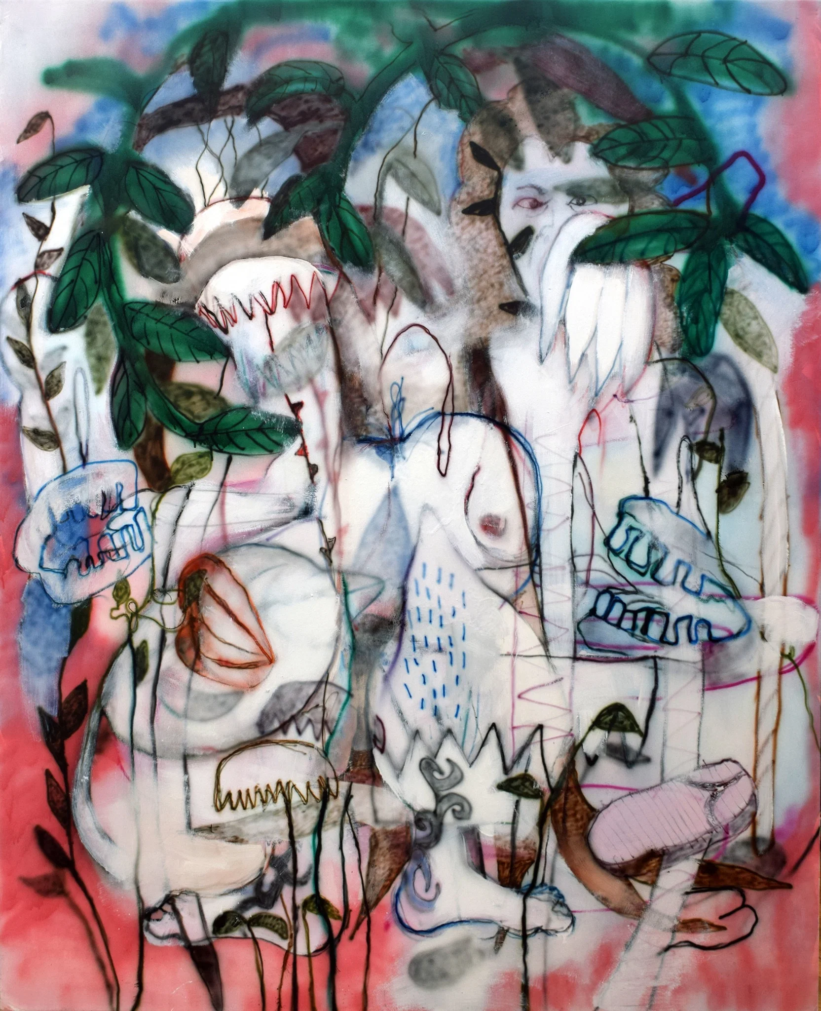Raj, 160&nbsp;×&nbsp;200&nbsp;cm, farba olejno-ftalowa i&nbsp;tusz na&nbsp;płótnie, 2021
